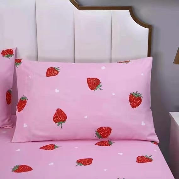 SDY 4PCS ملاءات الفراش الفراولة حجم الملكة الأحمر والوردي الفراولة طباعة ورقة مجموعة مع 1 Kawaii أعلى ورقة مسطحة + 1 جيب عميق المجهزة ورقة + 2 وسادة للفتيات في سن المراهقة - Image 4